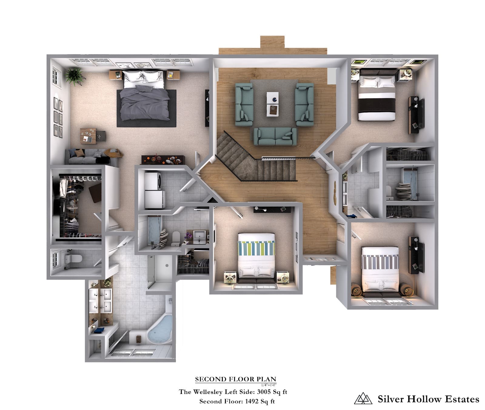 3D Floor Plan Render of a Single Family House Floor Level 2 (2)